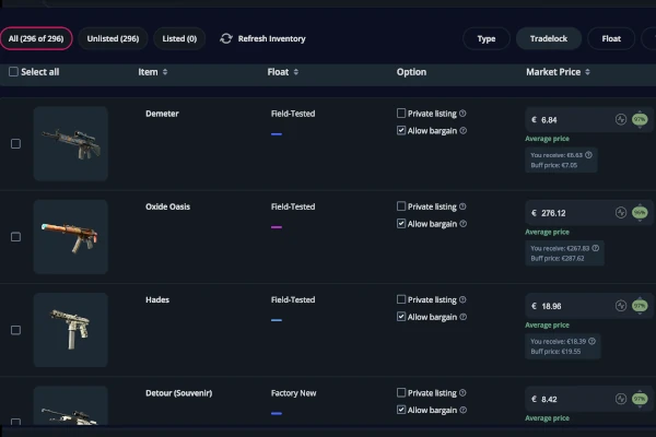 Select skins from your inventory to list for sale