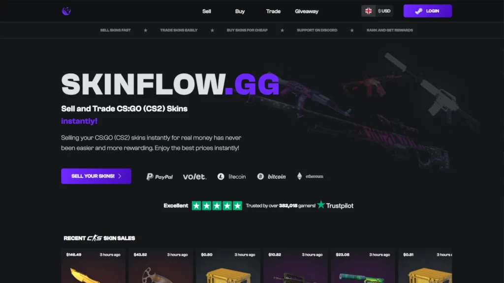 Skinflow CS2 skins marketplace website screenshot