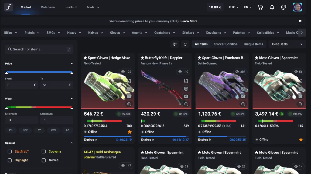 CSFloat CS2 skins marketplace website screenshot