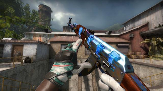 Cinematic in-game screenshot of AK‑47 | Case Hardened #661 (StatTrak, 4x Titan Holo Katowice 2014 stickers)