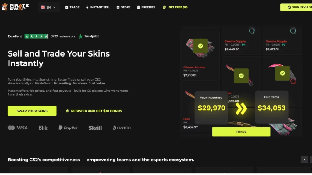 Pirateswap CS2 skins marketplace website screenshot