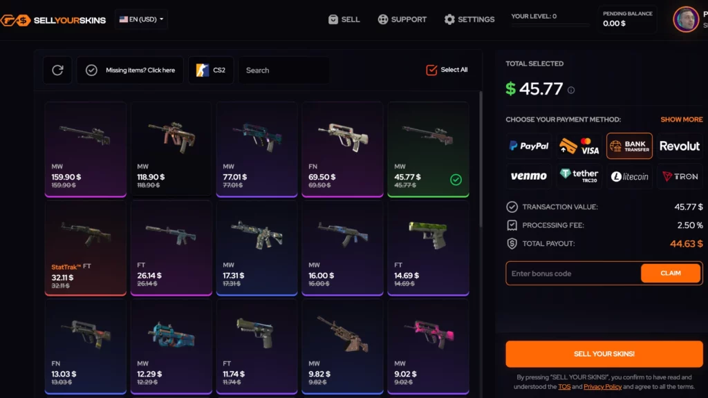 Sellyourskins CS2 skins marketplace website screenshot