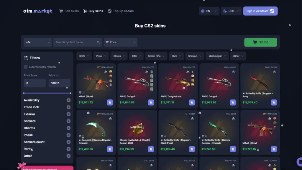 Aim.market CS2 skins marketplace website screenshot