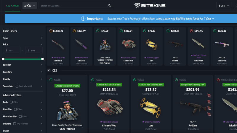 BitSkins CS2 skin marketplace showing filters and skins for sale