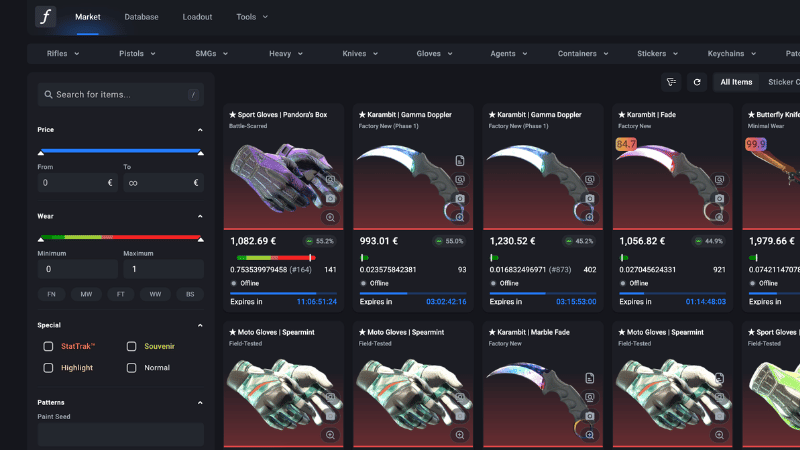 CSFloat CS2 skin marketplace showing skin listings and float values