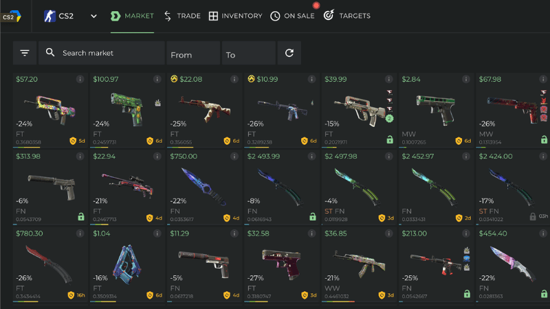DMarket CS2 skin marketplace showing skins available for purchase