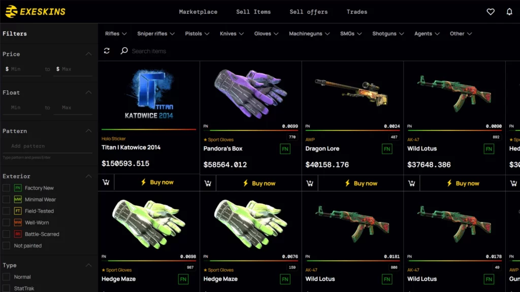 Exeskins CS2 skins marketplace website screenshot