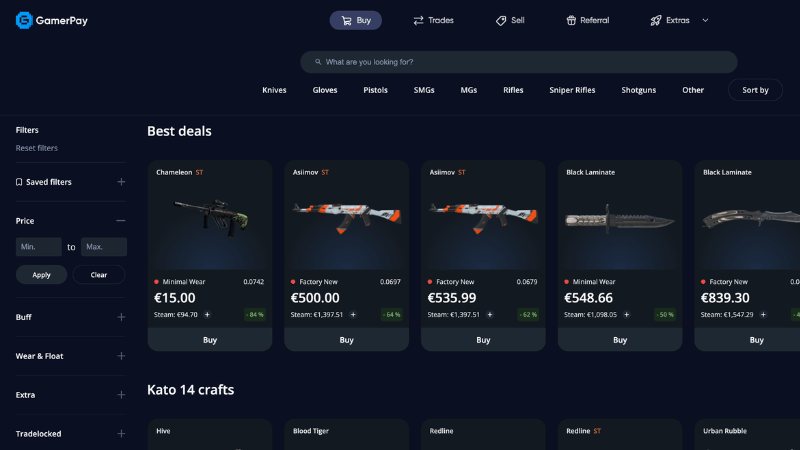 GamerPay buy page showing CS2 skins available for purchase