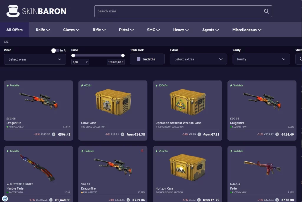 Skinbaron CS2 skins marketplace website screenshot