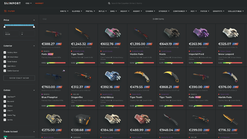 Skinport CS2 skin marketplace showing skin listings and prices