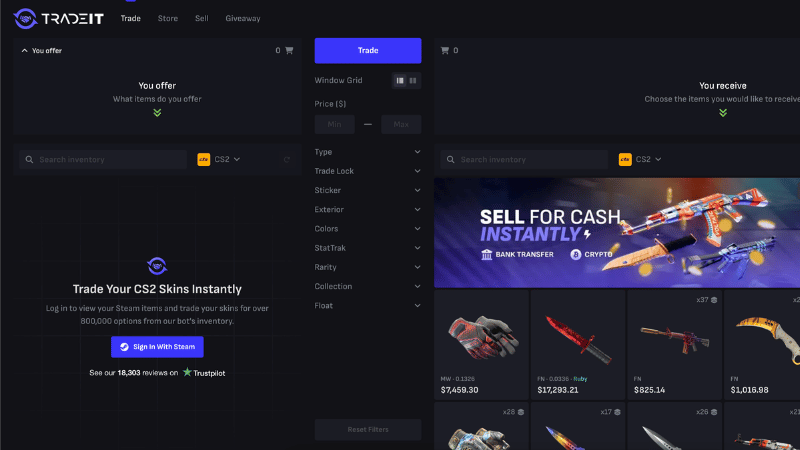 Tradeit.gg trade page for exchanging CS2 skins